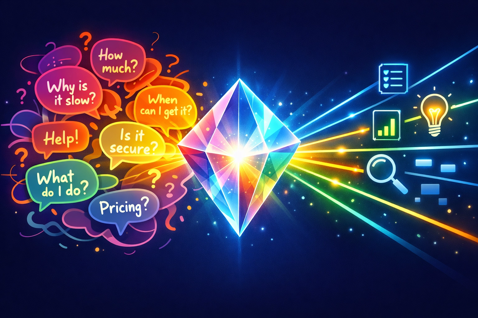 Visualizing NLU turning chaotic customer chat bubbles into organized support automation data.