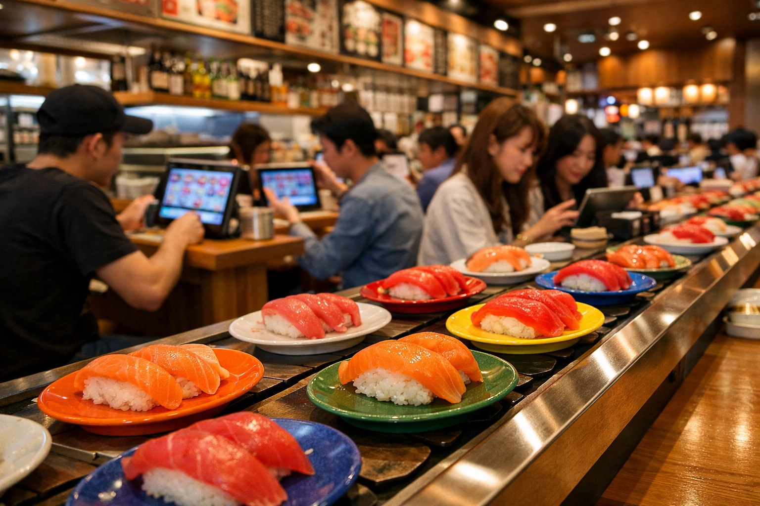 Vibrant conveyor belt sushi restaurant in Shibuya offering affordable budget travel food options.