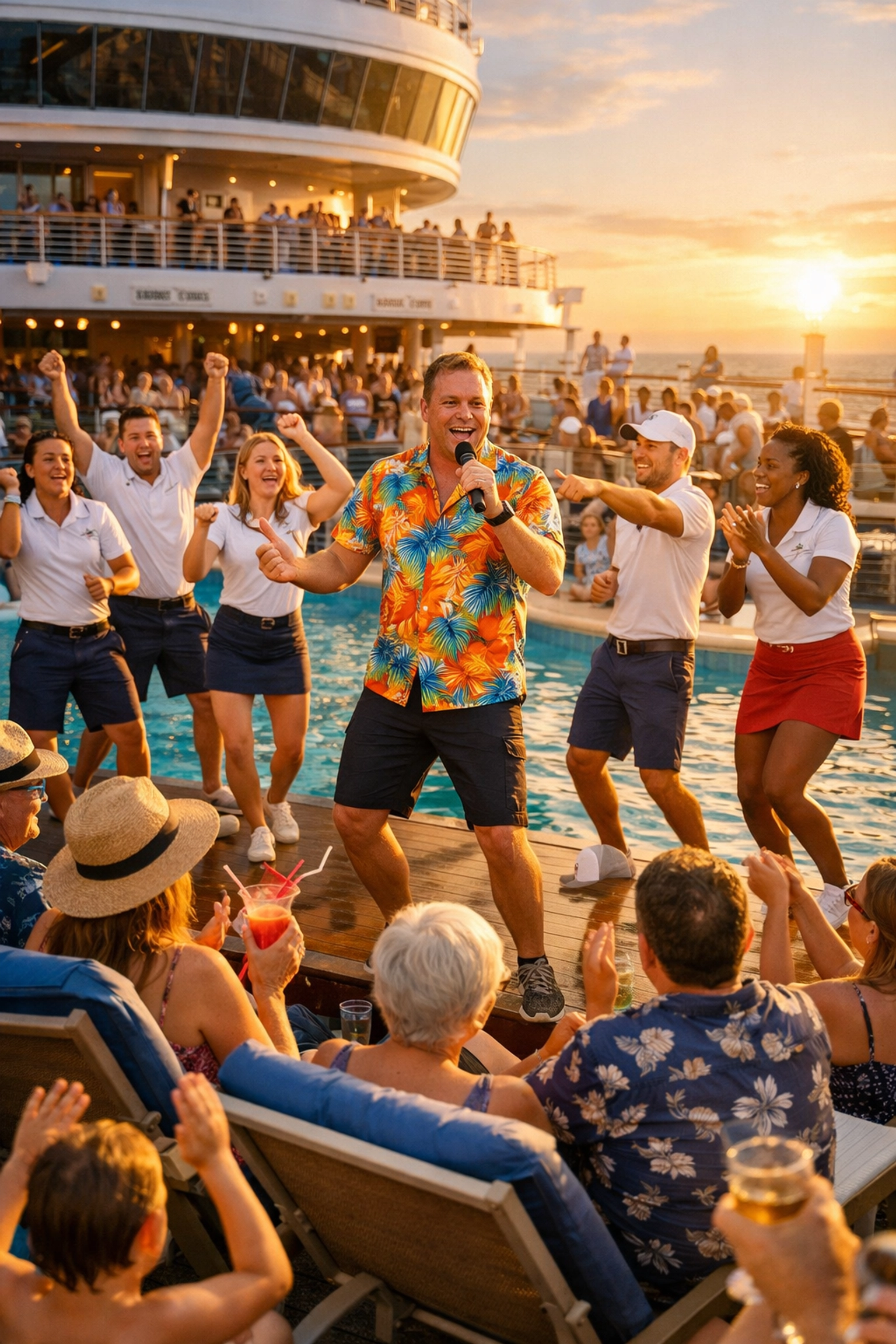 Cruise director leading pool deck entertainment with passengers enjoying scheduled activities
