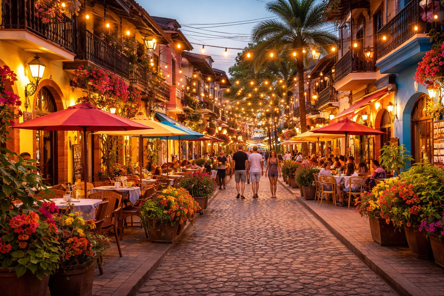 Charming cobblestone street at dusk in Zona Romantica with cafes, shops, and a safe, welcoming atmosphere