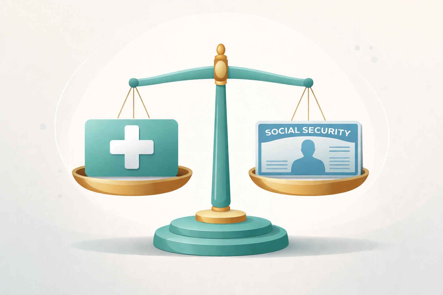 Balanced scale with medical and Social Security symbols showing the link between healthcare costs and retirement income strategies