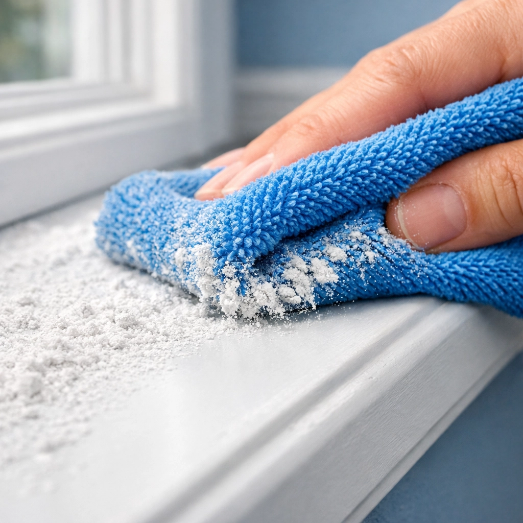 Using a microfiber cloth for deep cleaning drywall dust during post construction cleaning Milford.