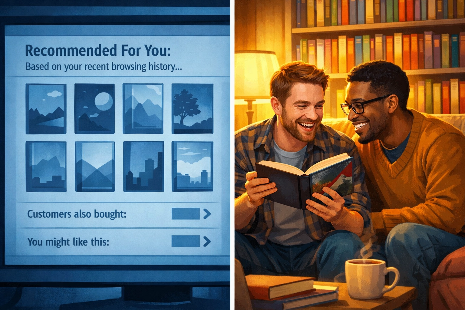 Algorithm versus human connection: cold computer screen with generic books versus two men sharing gay romance book recommendations on couch