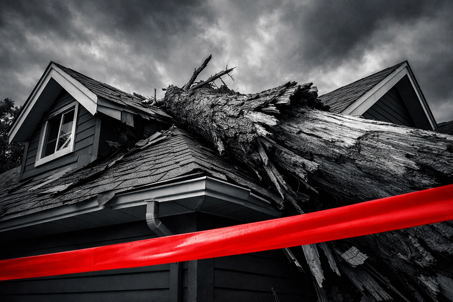 Severe tree damage on a home's roof requiring urgent attention from roofing companies in salisbury md.