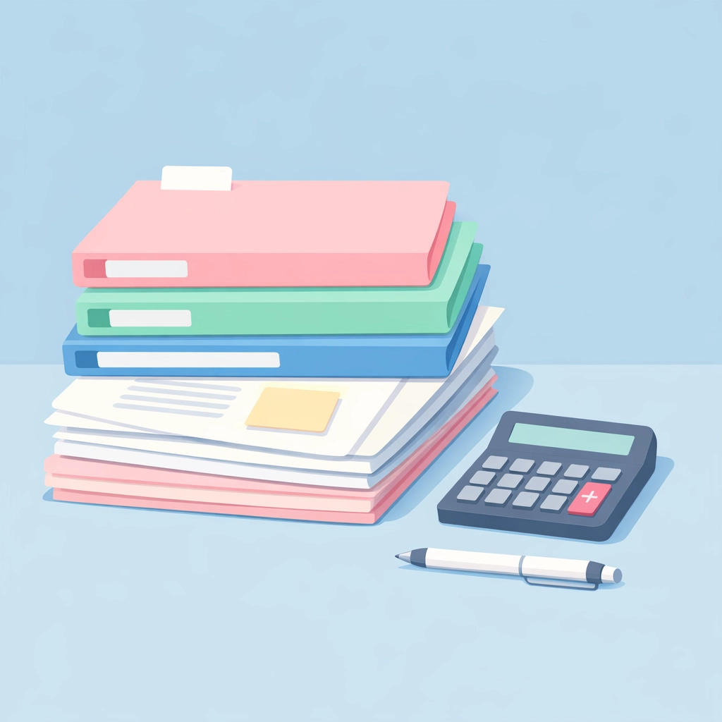 Documentos organizados y calculadora para requisitos de crédito para comprar casa