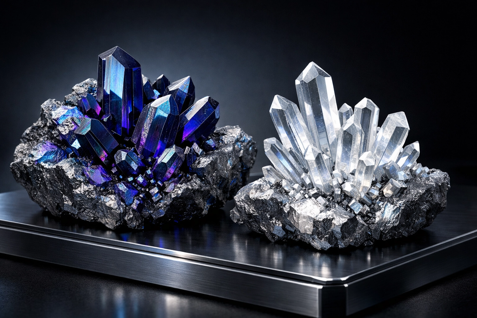 Raw cobalt and lithium minerals representing critical resources for green energy and AI technology.