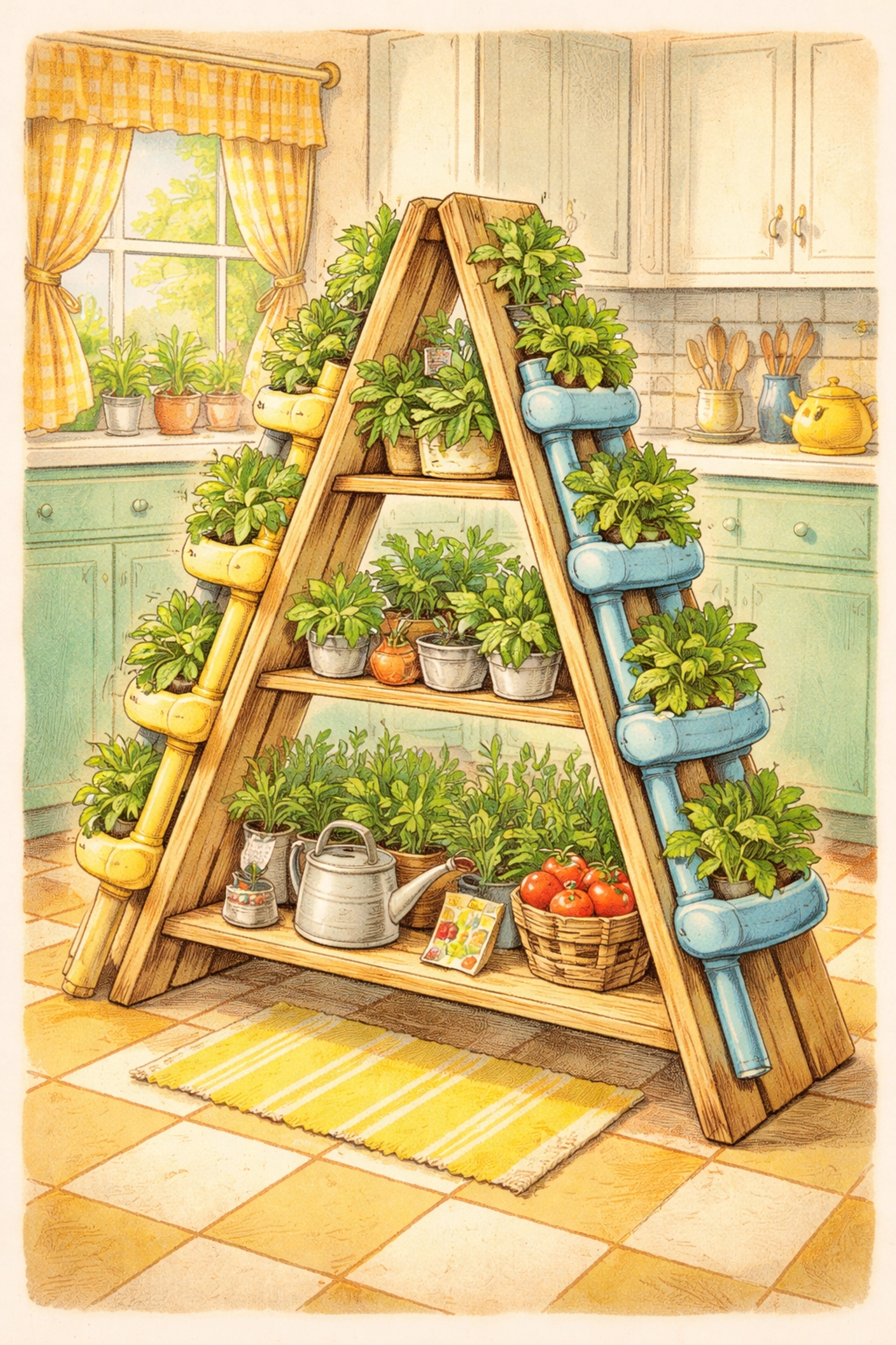 A-frame hydroponic structure in a cozy kitchen growing lettuce and herbs, showcasing space-saving vertical gardening.