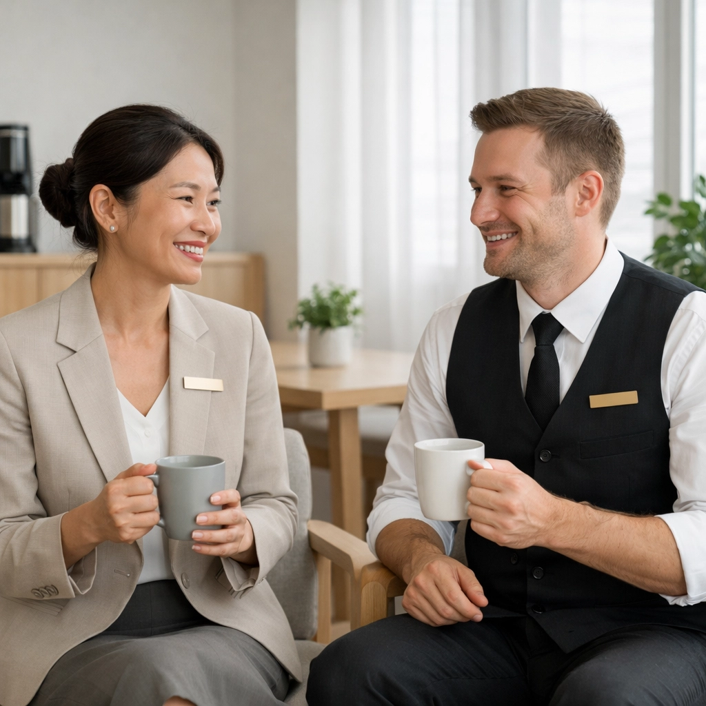 Empowered hotel staff members relaxing in a lounge after automated workflow optimization.