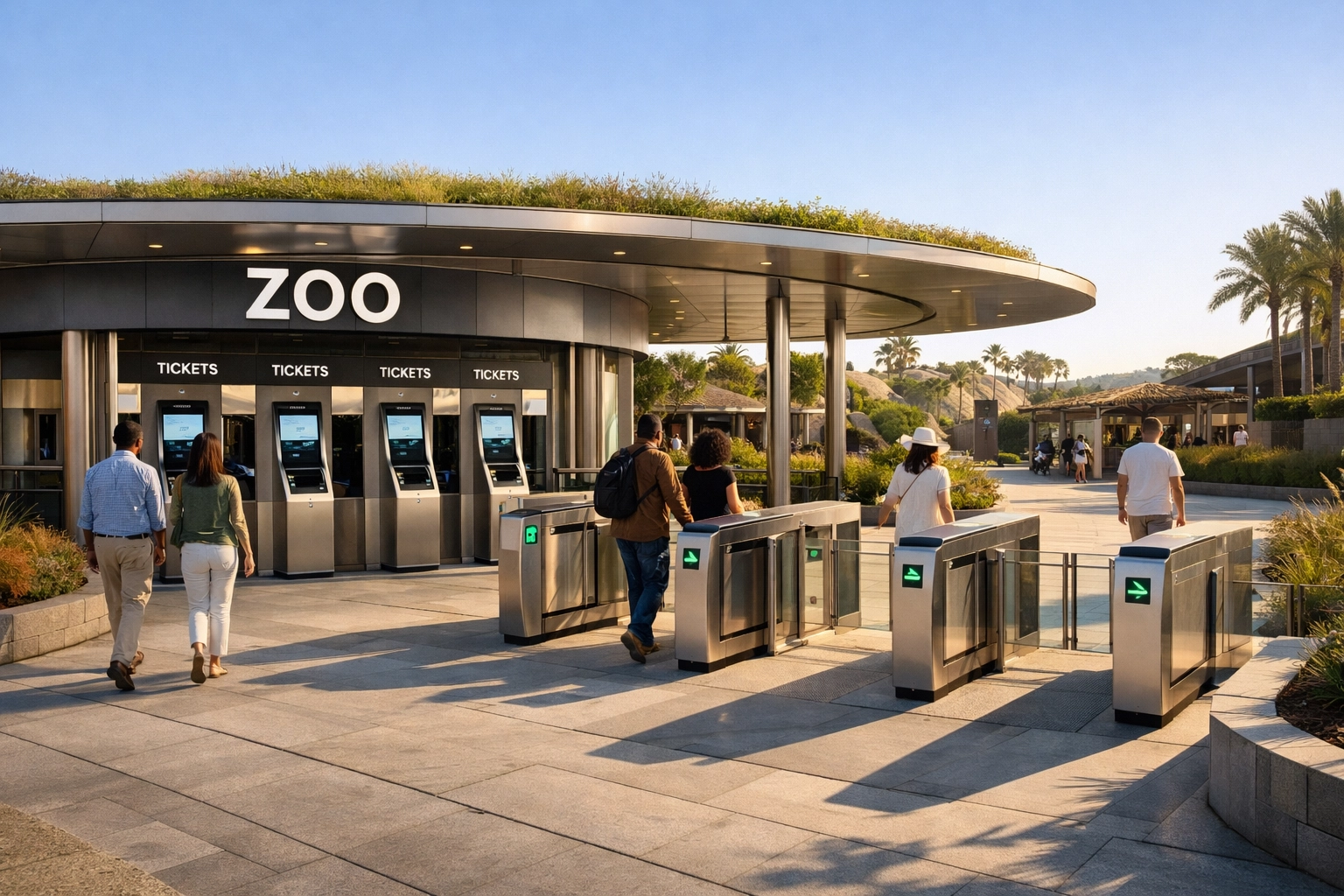 Automated smart ticketing kiosks at a zoo entrance designed to improve visitor flow and engagement.