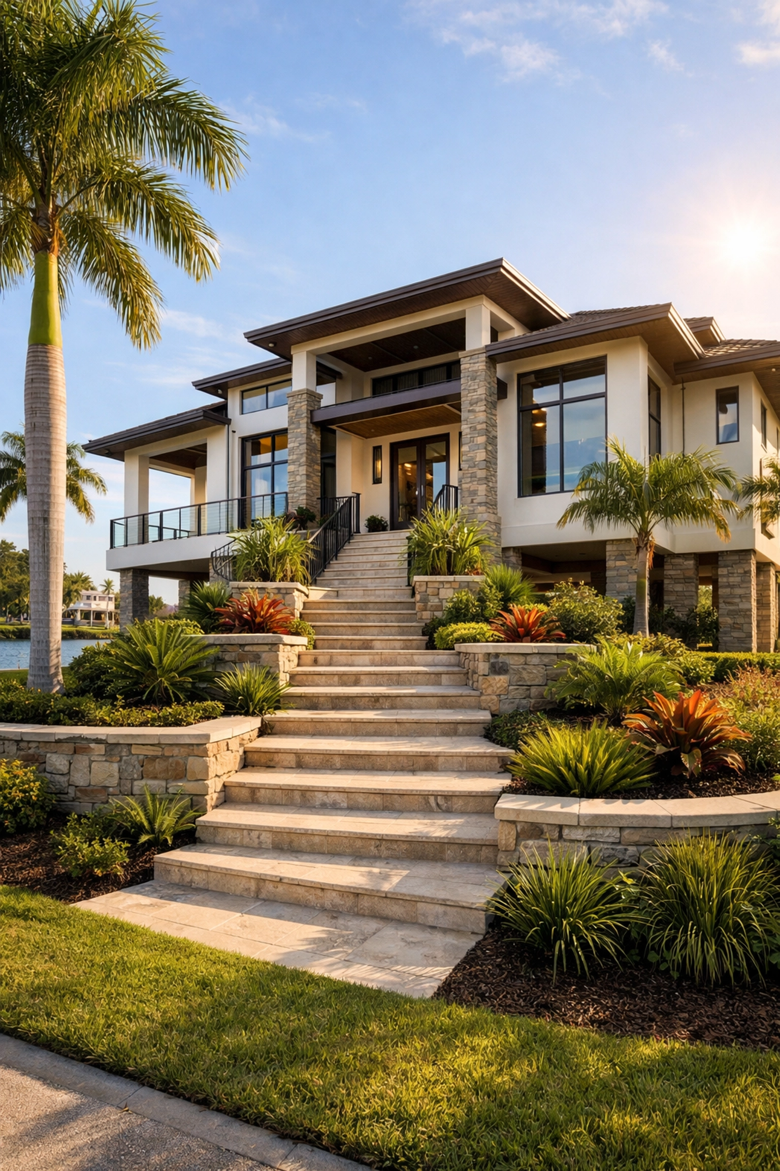 Elevated modern house in gated communities in Cape Coral Florida showing high foundation for flood safety.