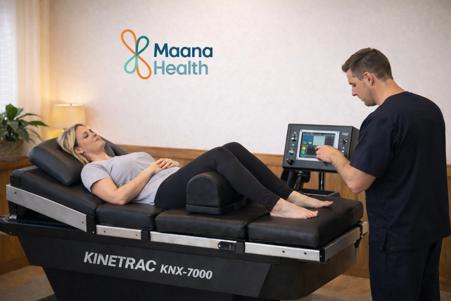 A Maana Health therapist prepares a female patient for spinal decompression therapy using the KINETRAC KNX-7000 machine.
