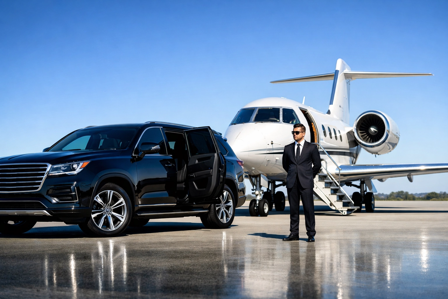 Precision-managed executive transportation with a private jet and luxury SUV for Super Bowl corporate logistics.