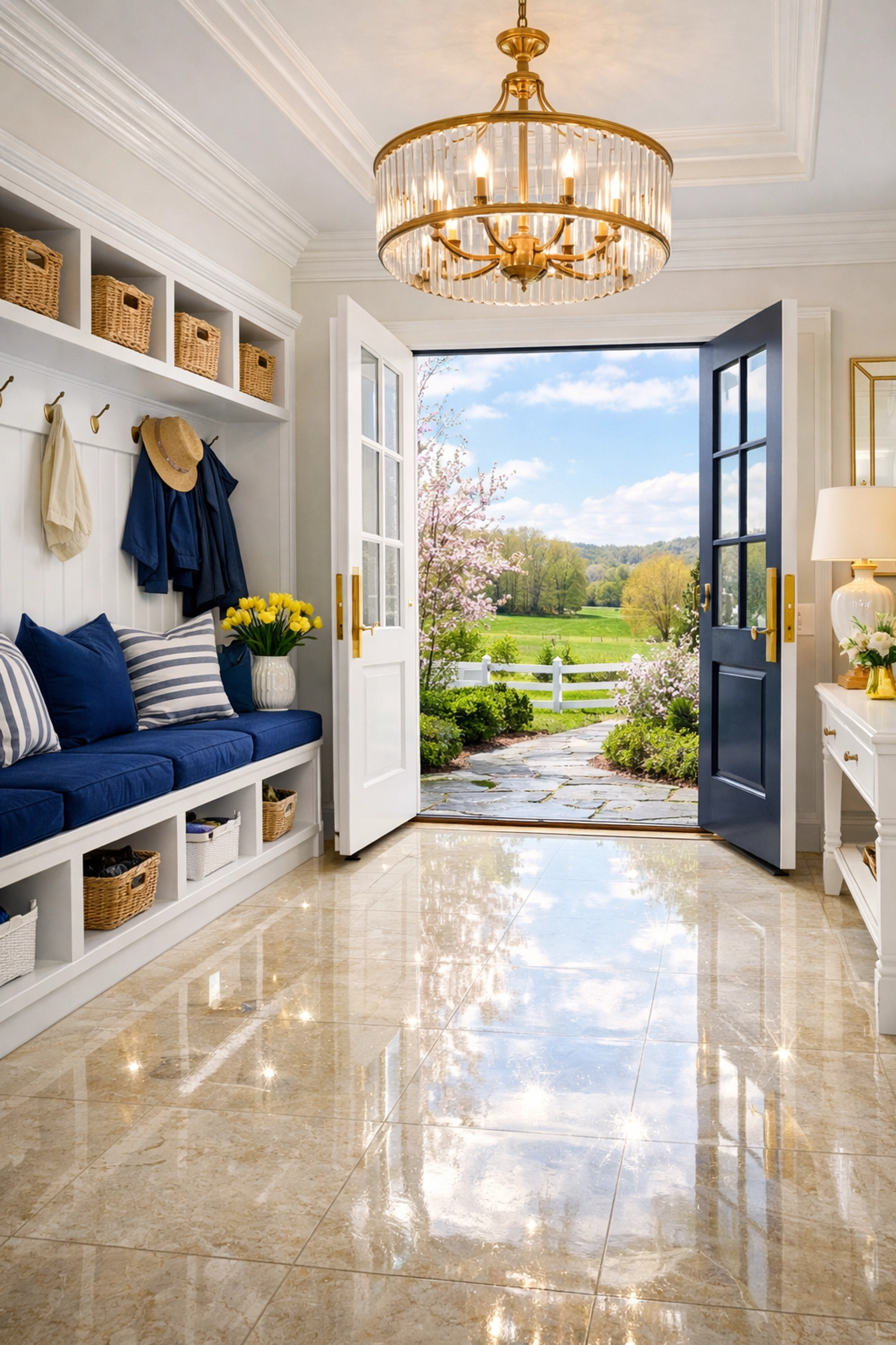 Clean natural stone entryway of a Dover luxury home showing seasonal elite maintenance and professional care.