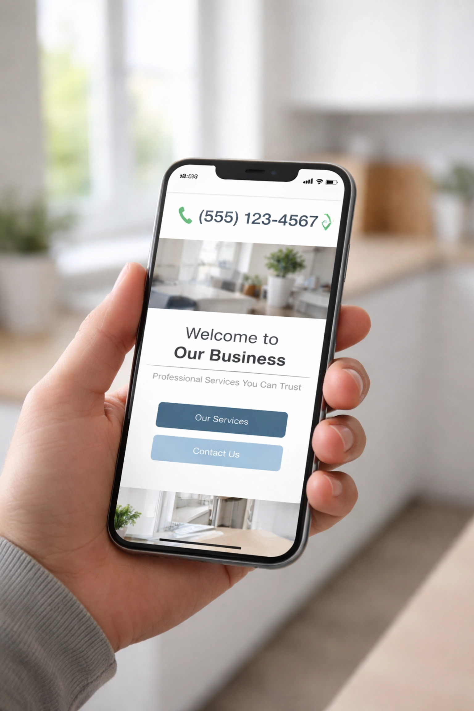 Smartphone displaying a business website with phone number for easy mobile calls in SR7 area