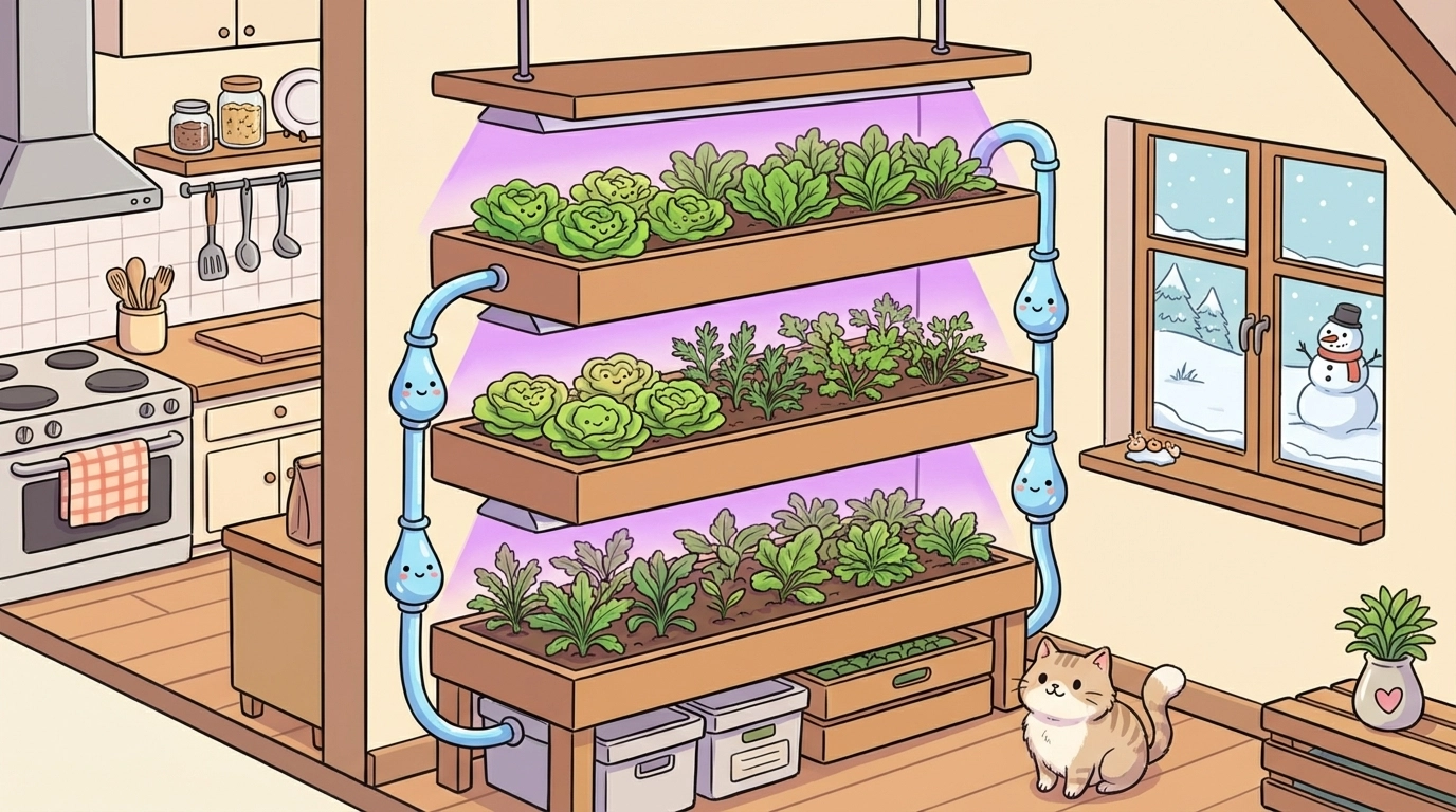 Cartoon/storybook cross-section of an indoor vertical farm growing lettuce and herbs in a cozy kitchen setting (no realistic people or faces)
