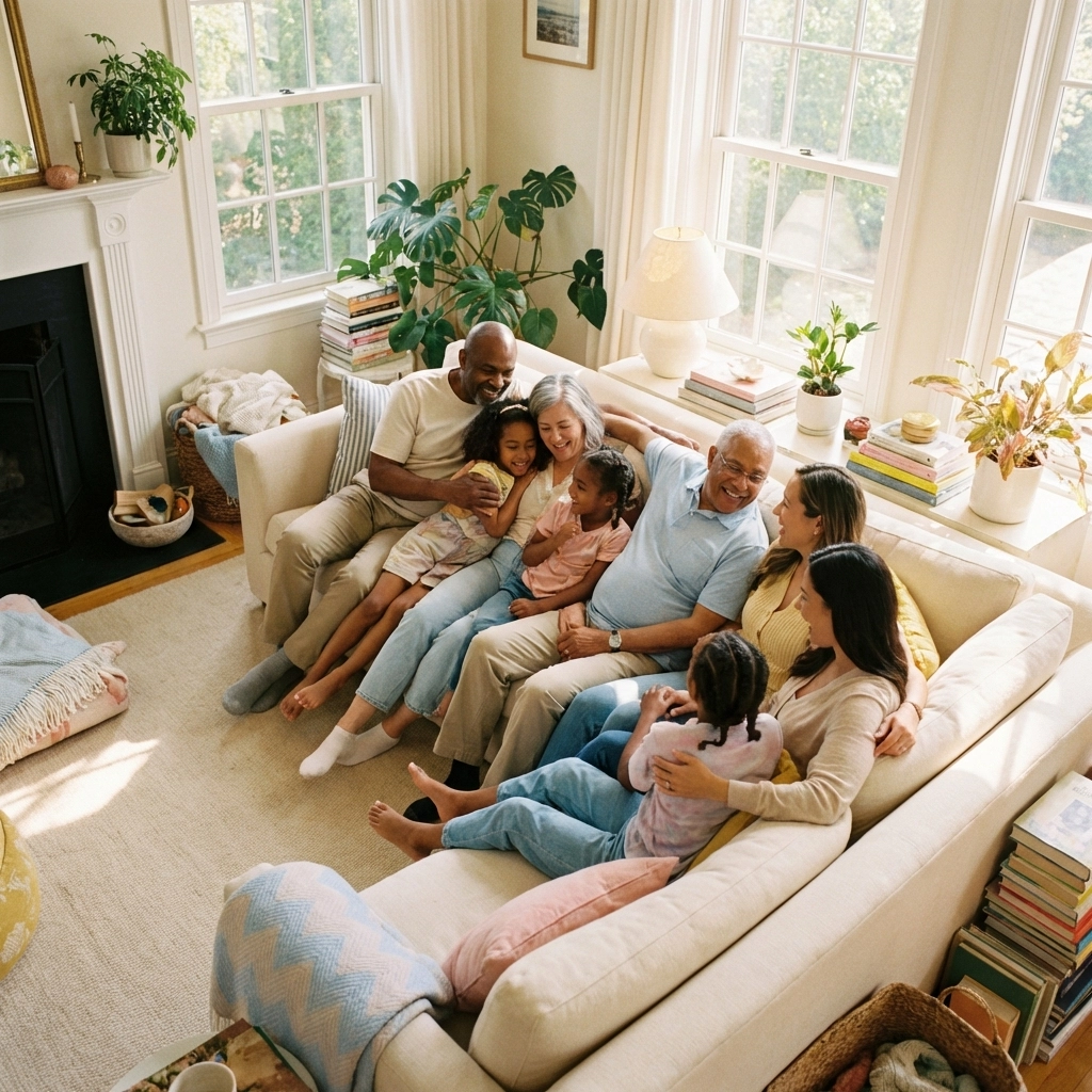 Multigenerational family relaxing together symbolizes life insurance protecting loved ones of all ages