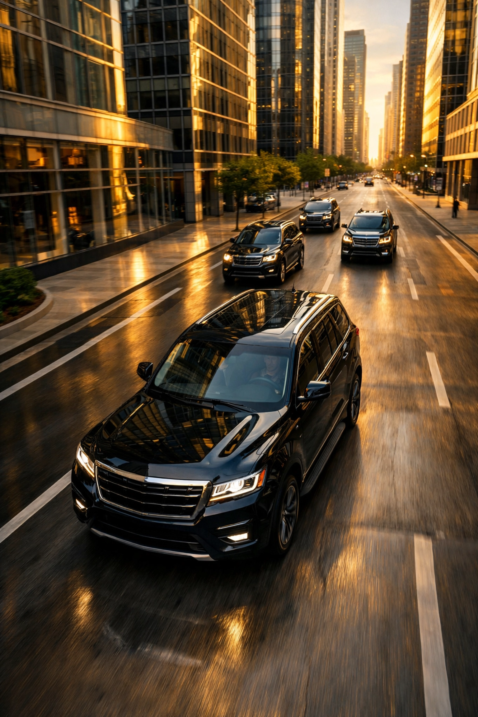 Luxury VIP transportation convoy navigating city streets for corporate Super Bowl travel