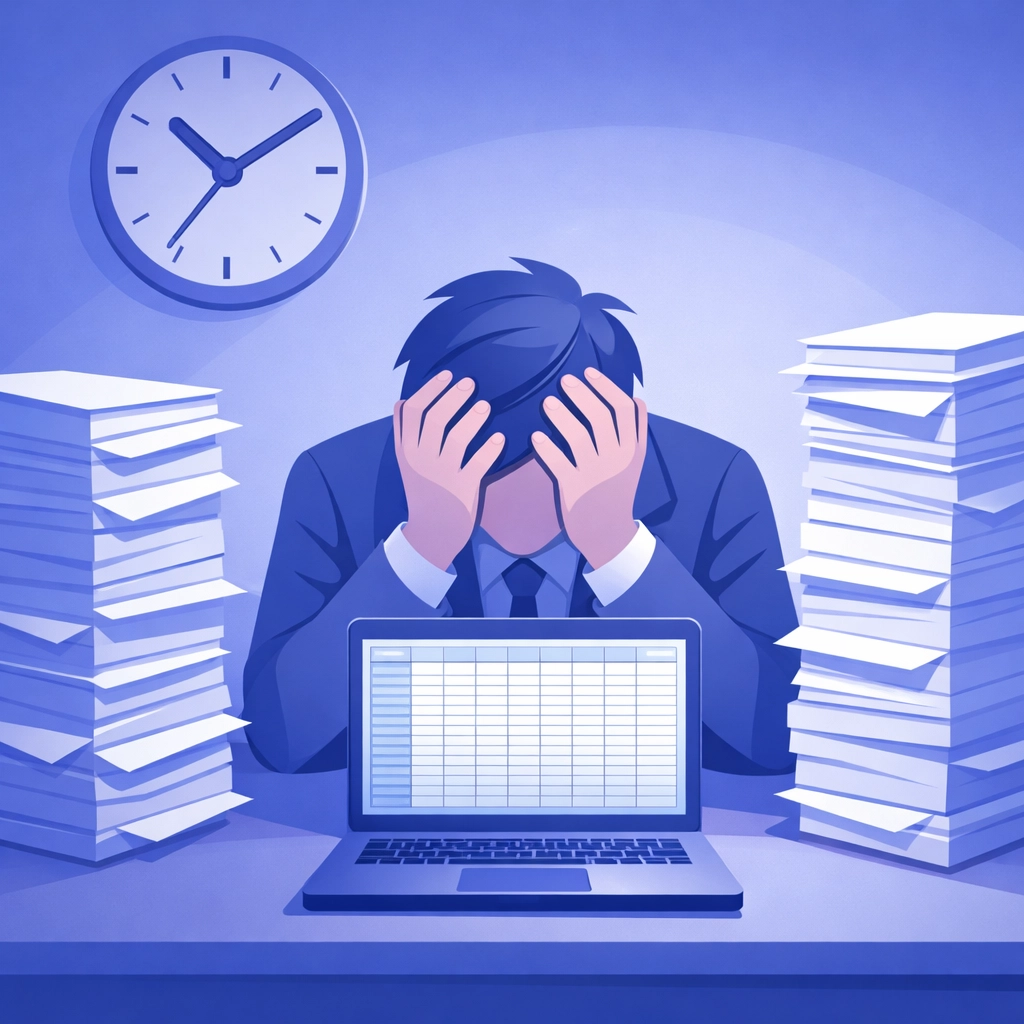 Frustrated real estate agent overwhelmed by bulk lead lists and spreadsheets at desk