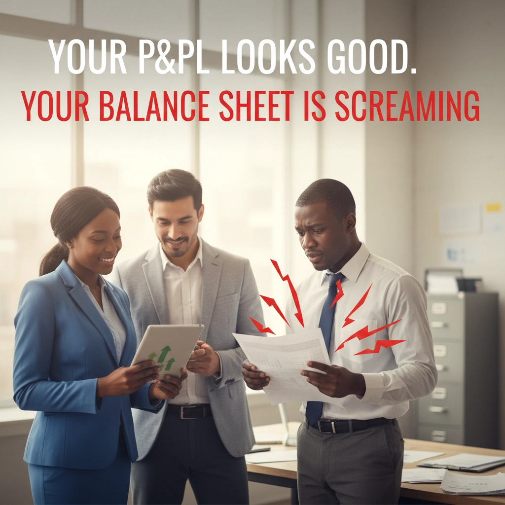 Business team reviewing P&L and balance sheet reports together in office