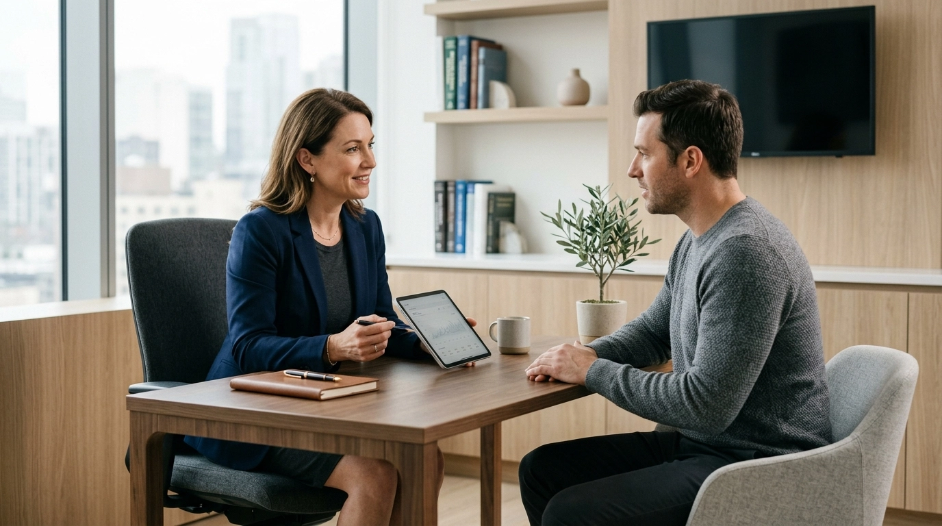 Premium minimalist lifestyle photo of a clinician consulting with a patient about GLP-1 treatment options in a modern care setting