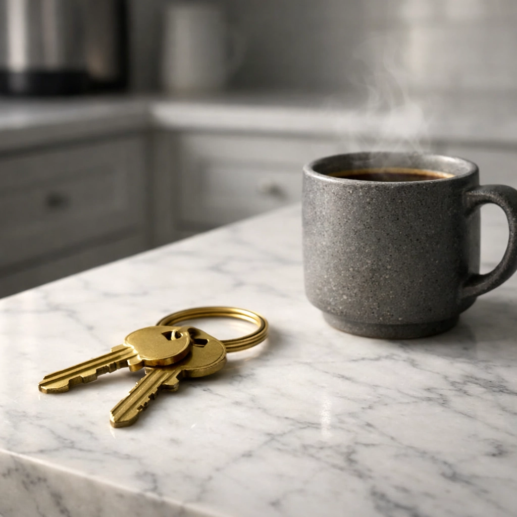 Brass keys on a marble counter in a modern kitchen, representing investment property ownership.