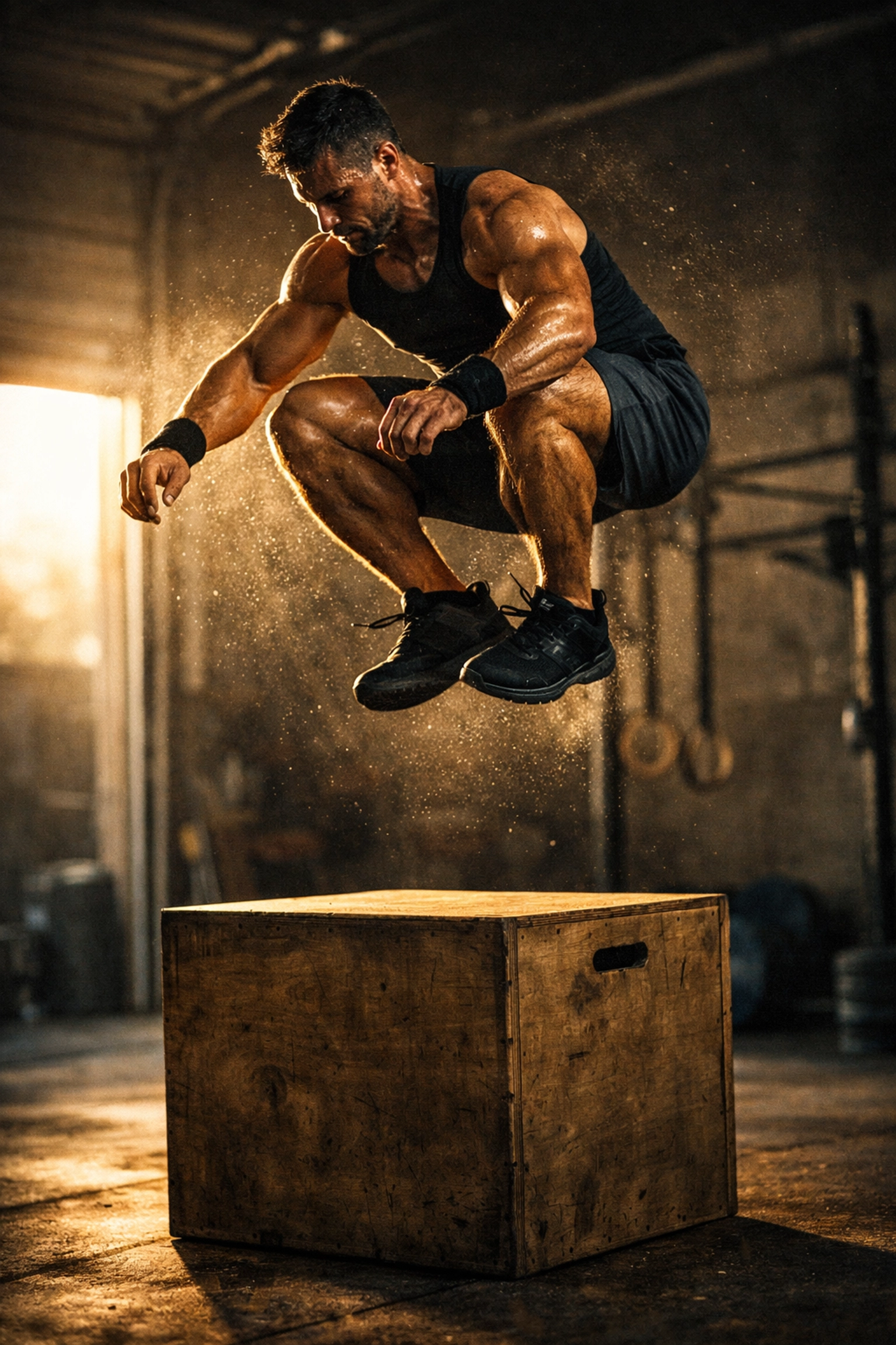 CrossFit athlete performing explosive box jump on plyo box in garage gym