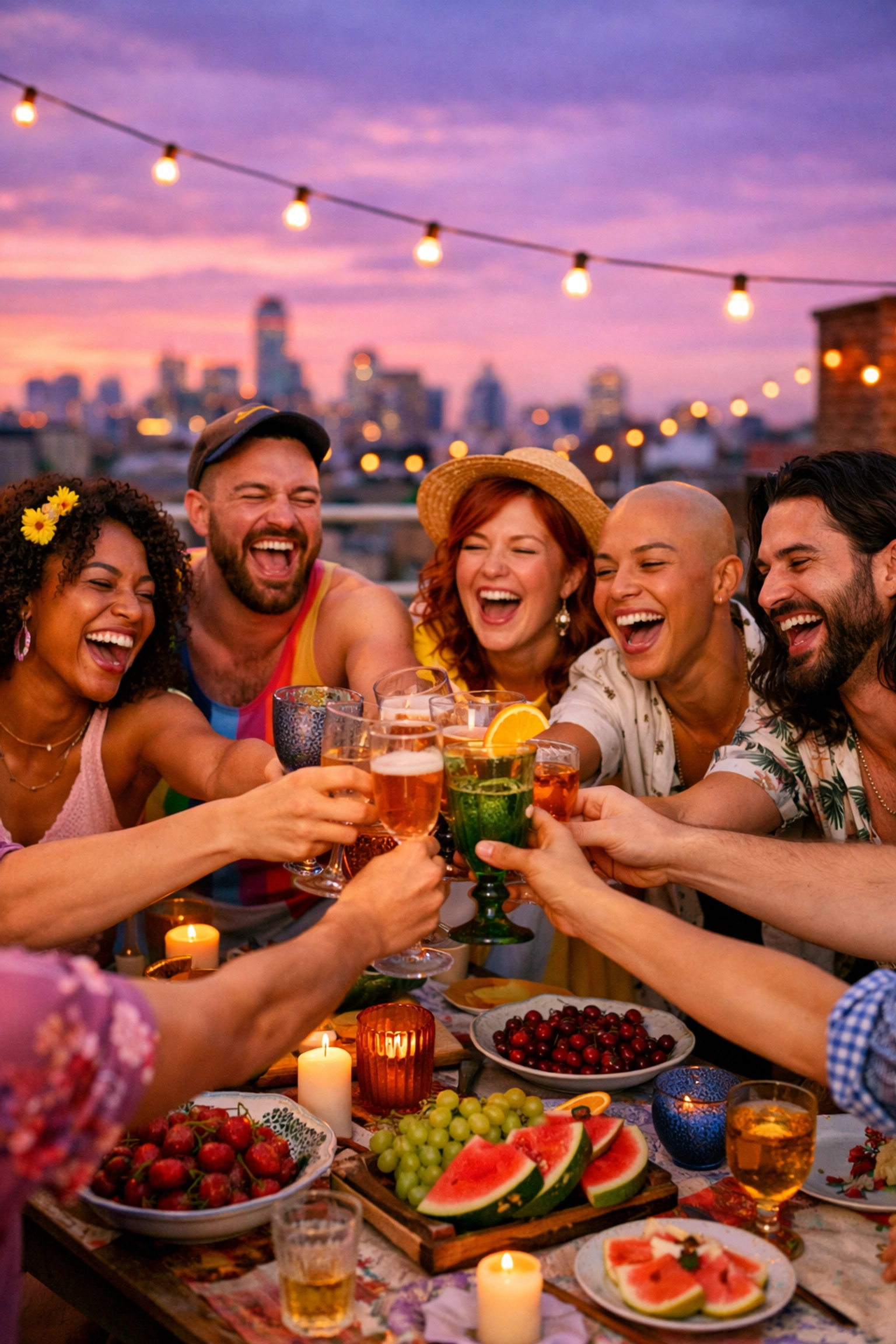 A diverse LGBTQ+ group celebrating on a rooftop, symbolizing the milestone of building a chosen family.