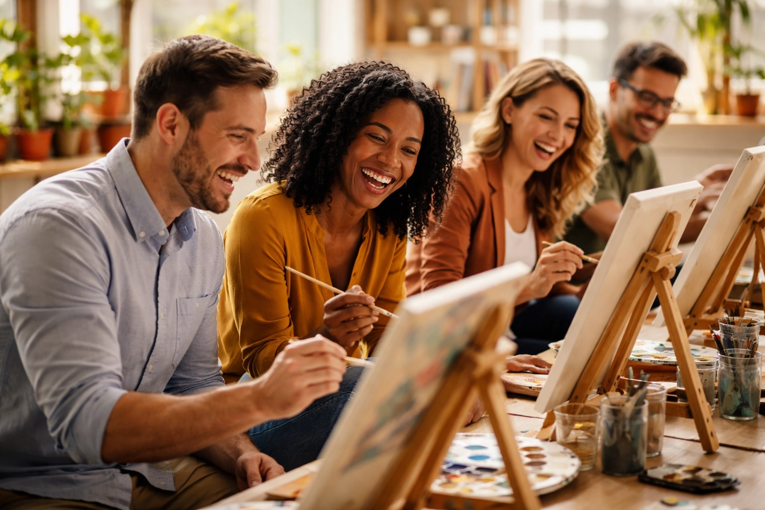 Coworkers laughing while painting at easels, capturing team connection during creative workshop