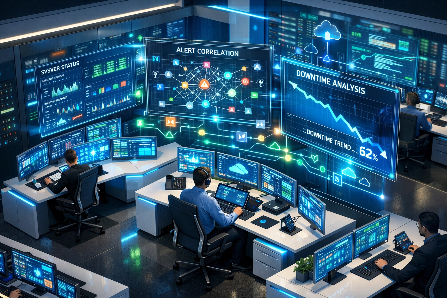ServiceNow ITOM operations center displaying real-time monitoring and downtime reduction metrics