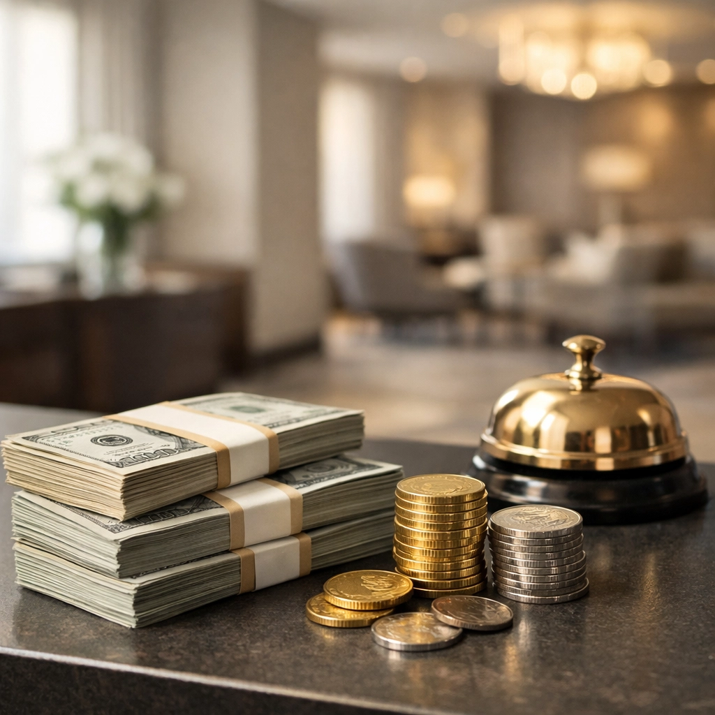 Hotel revenue stacks on reception desk showing direct booking profit without OTA commissions