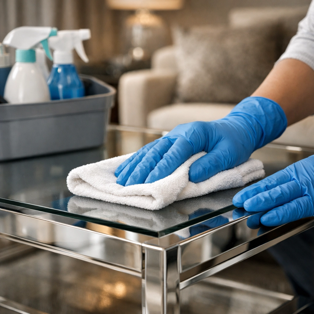 Detailed polishing of a luxury glass table using eco-friendly methods for residential cleaning Massachusetts residents.