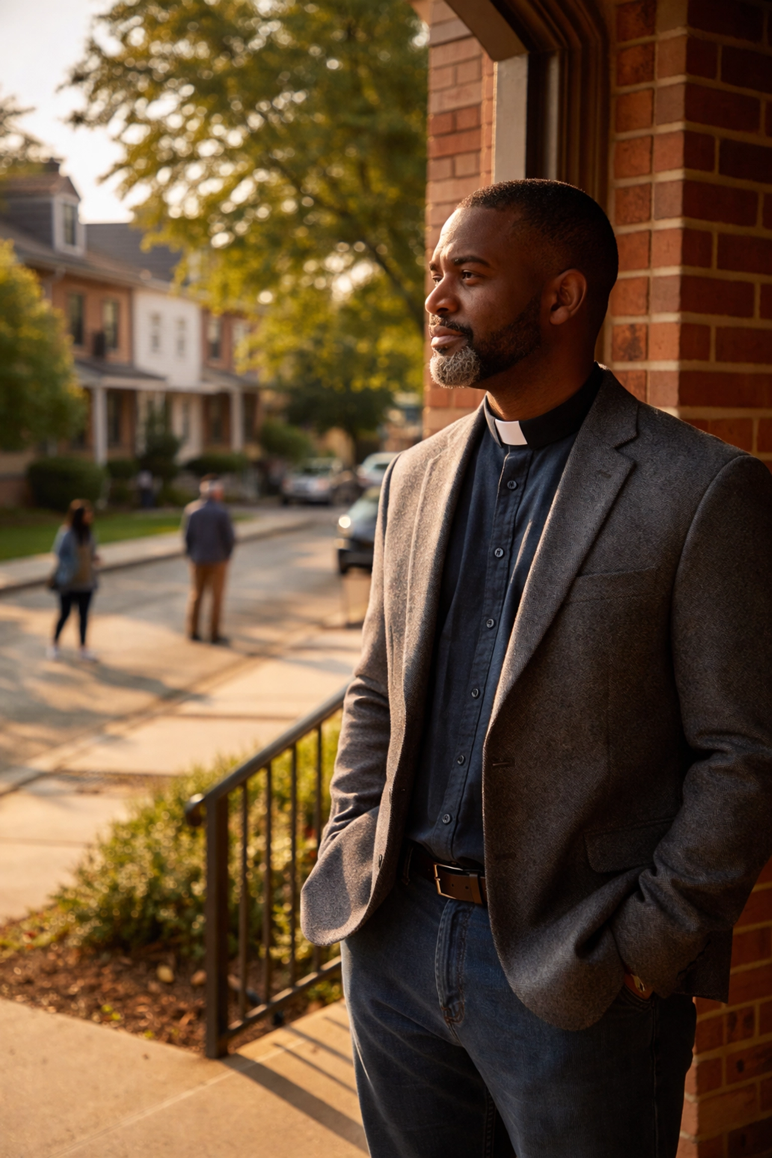 Church pastor at entrance reflecting on leading community transformation in the neighborhood