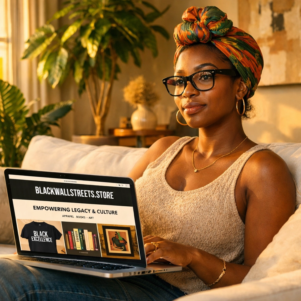 Woman shopping on the Black Wall Streets marketplace to support Black-owned businesses.