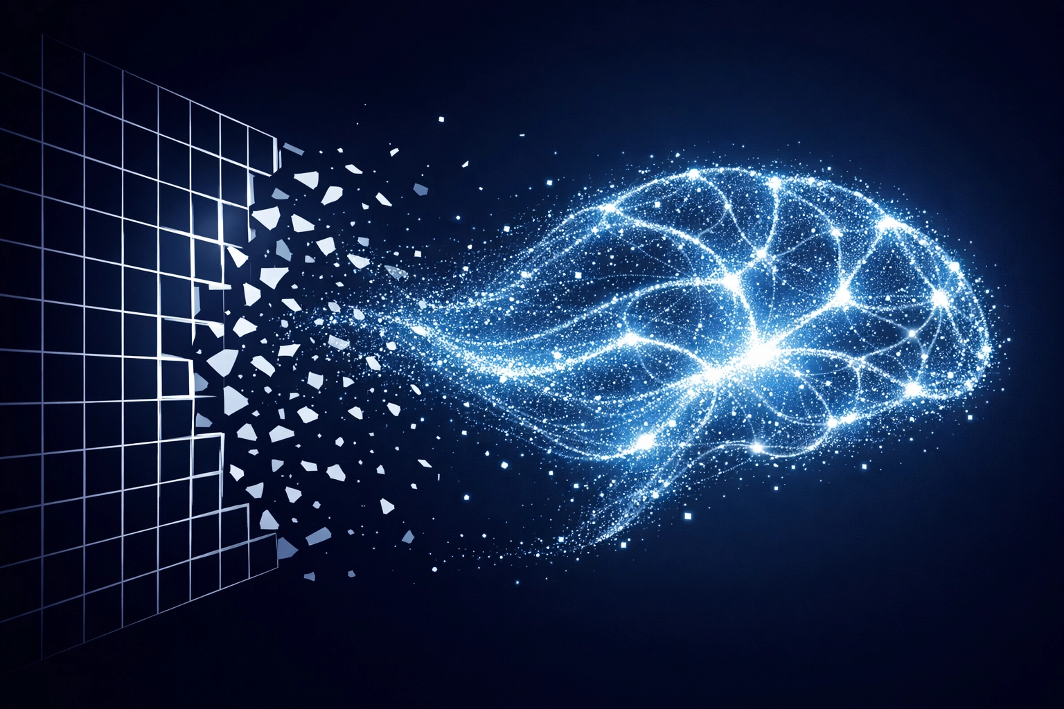 Digital art showing a rigid geometric grid transforming into a fluid AI neural network for business reasoning.