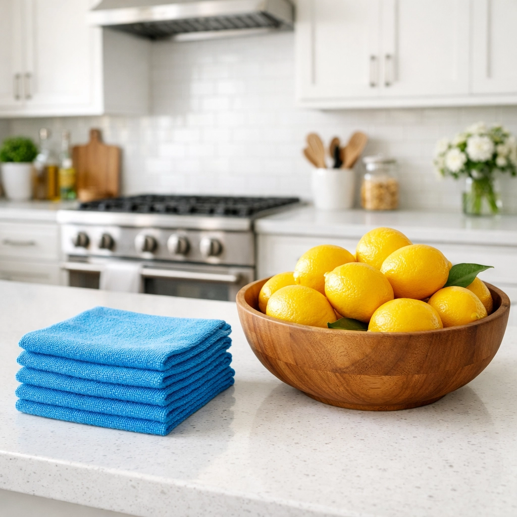 Eco-friendly home cleaning in Acton MA featuring natural supplies on a spotless modern kitchen island.