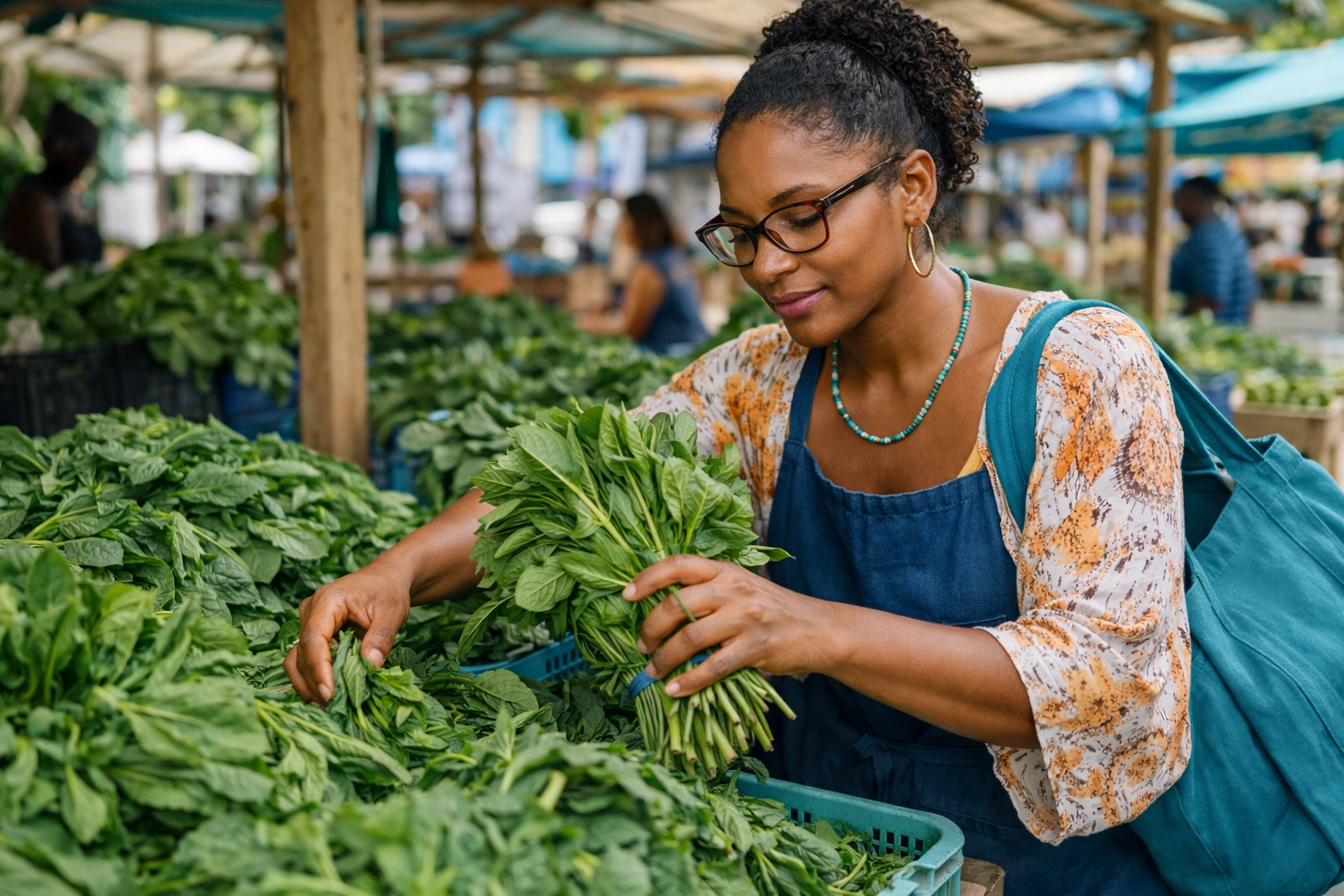 Cynthia shopping for fresh callaloo at a Saint Lucian market, wearing glasses, supporting eye care and optometrist Saint Lucia