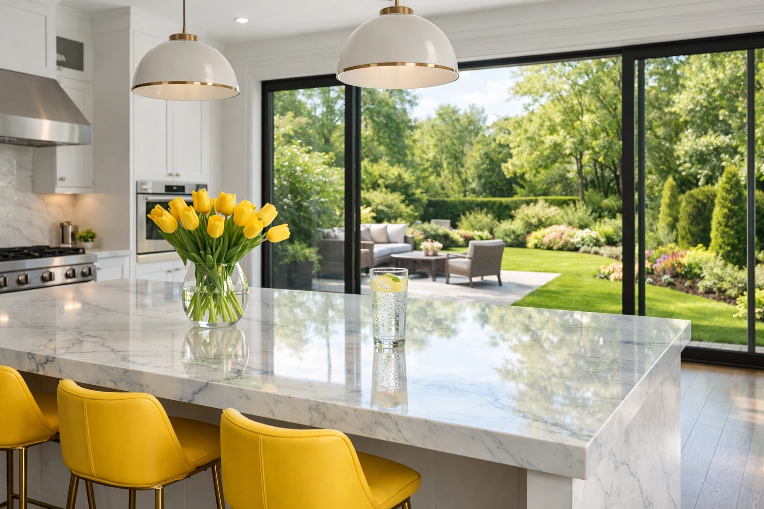 Immaculate luxury kitchen in Sudbury with marble counters, reflecting professional cleaning results.