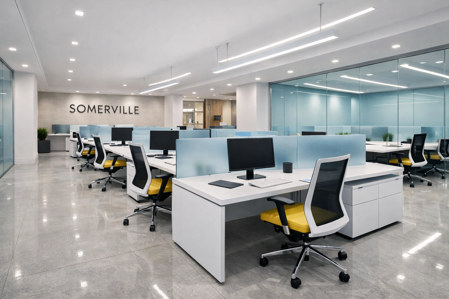 A pristine and organized modern office space in Somerville, highlighting professional commercial cleaning services.