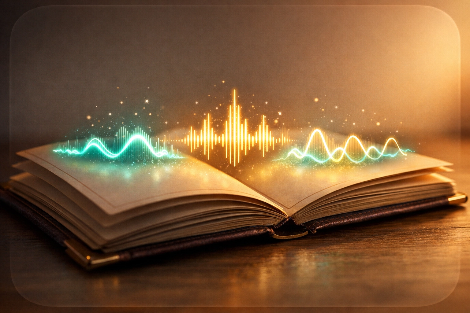Audio waveforms floating above photo album symbolizing voice memories and family stories