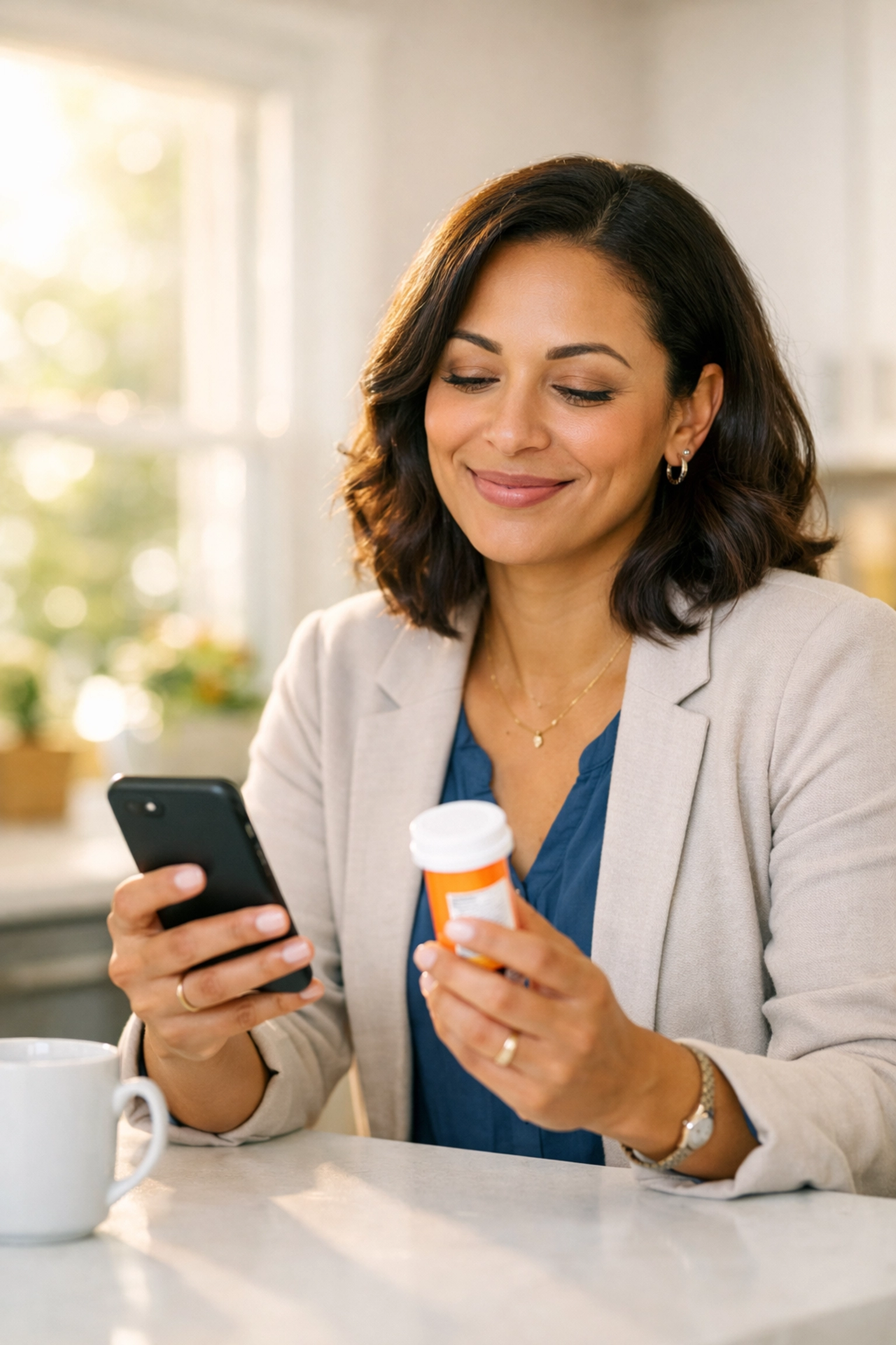 Woman getting prescription refill online using smartphone at home without appointment