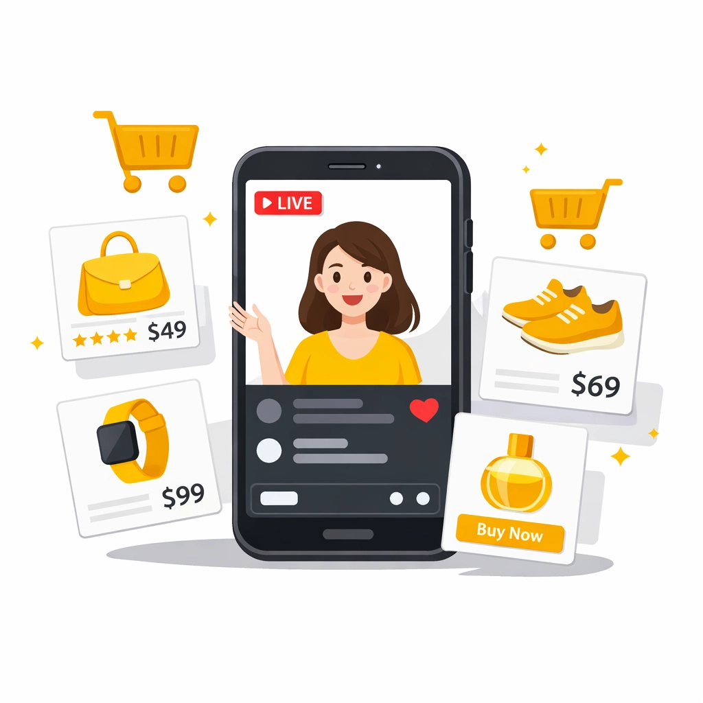 Live shopping platform interface showing shoppable video stream with product cards and checkout