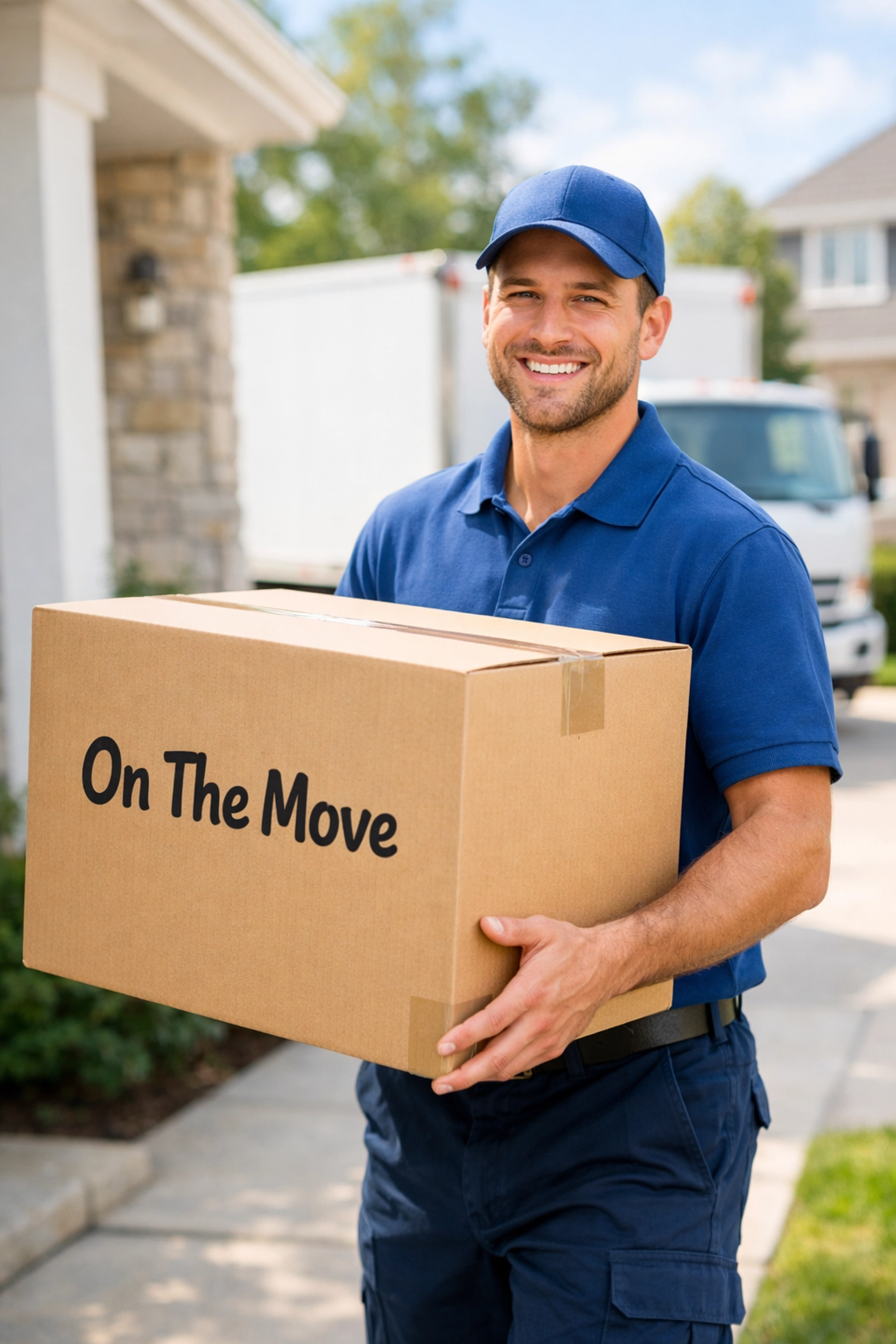 Professional On The Move team carrying boxes into a North Oshawa home, highlighting local moving companies in Oshawa.