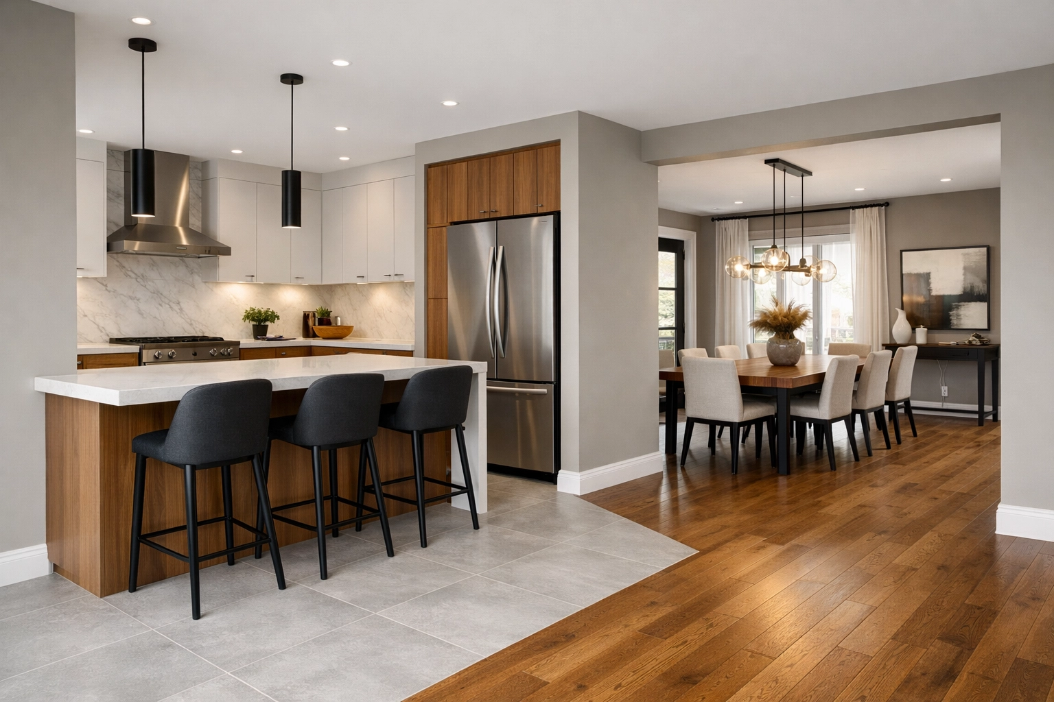 Professional tile installation Orlando showing a seamless flow into hardwood floors.