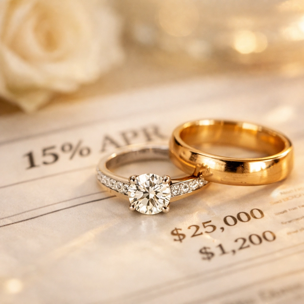 Wedding rings resting on loan document showing APR rates and wedding debt costs