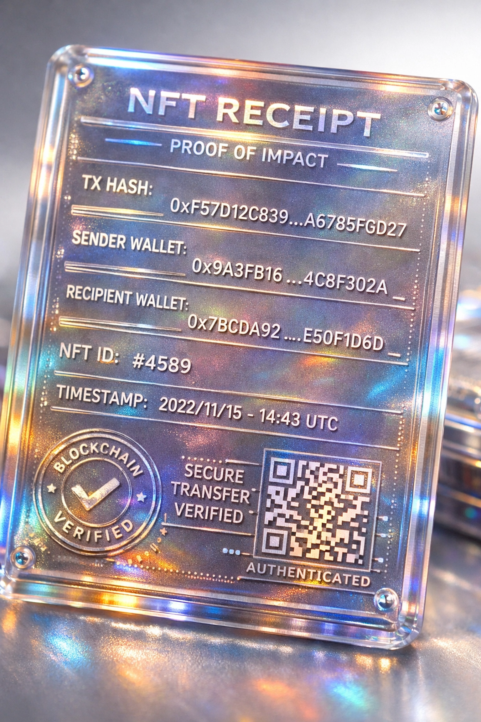 NFT receipt displaying transparent blockchain transaction data for crypto payment verification