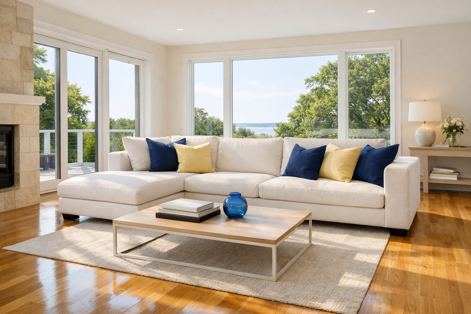 Pristine living room in Ayer MA showcasing professional house cleaning and polished hardwood floors.