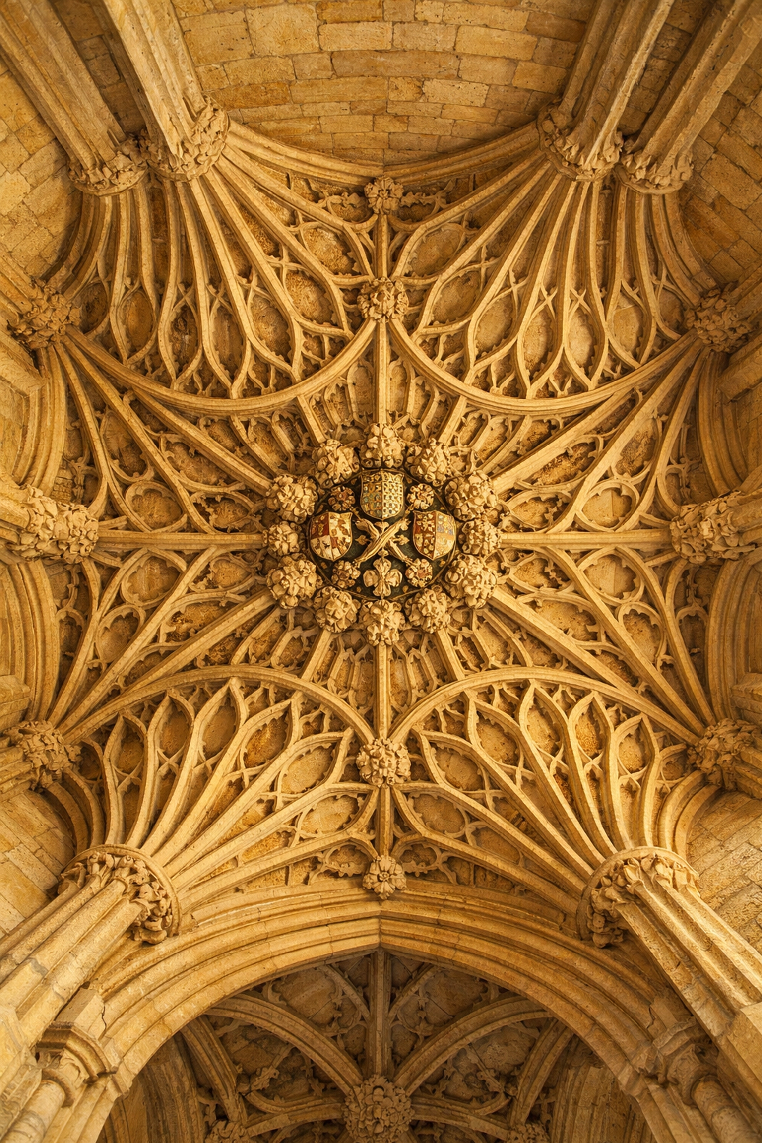 Stunning fan-vaulted stone ceiling inside the historic St John Baptist Parish Church in Cirencester.