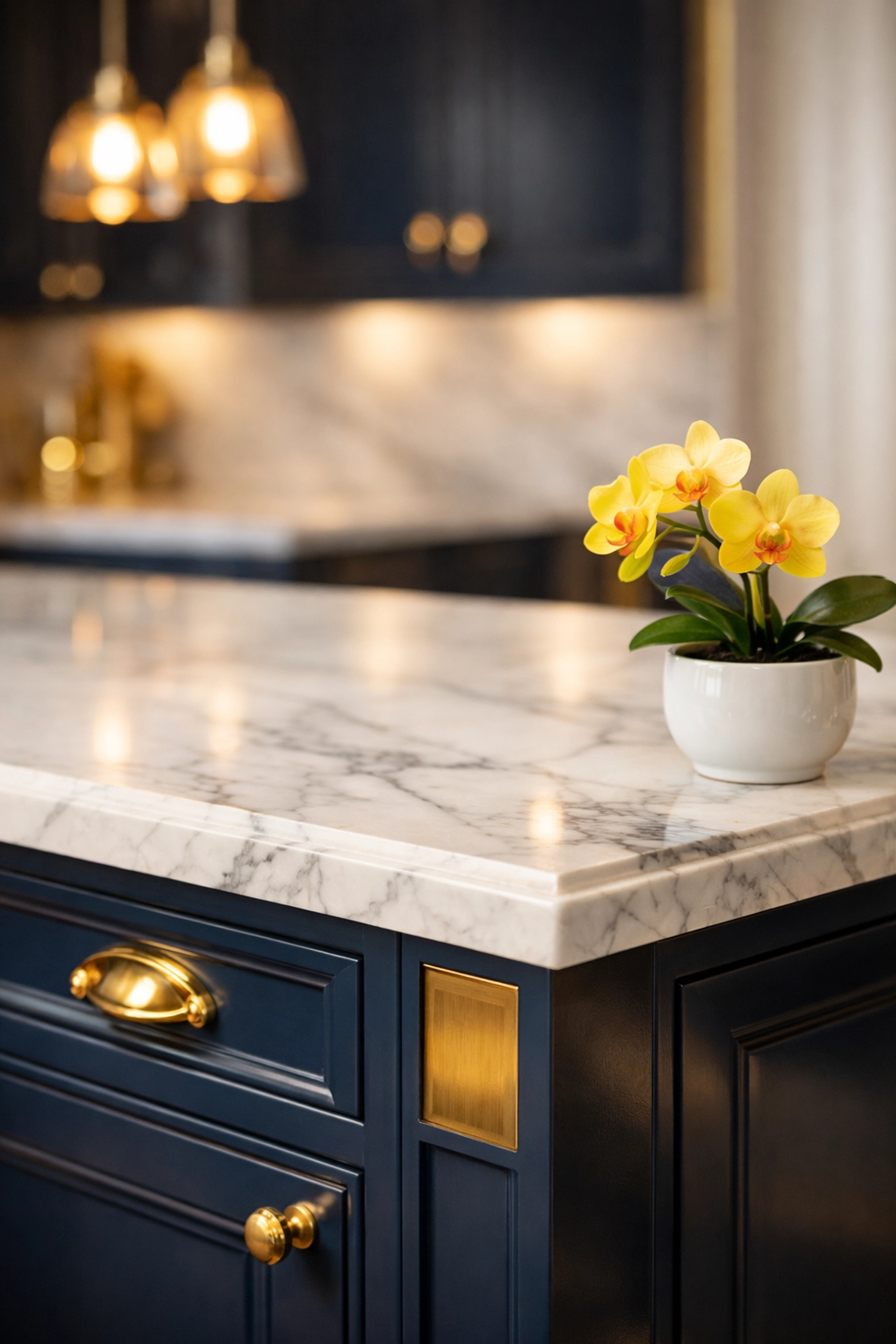 Immaculate marble kitchen island showcasing the detail of luxury house cleaning in Winchester.