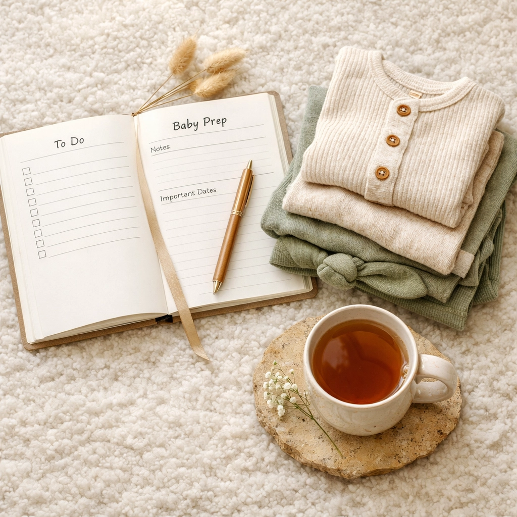 A daily planner and newborn clothes illustrating early planning for professional postpartum care.