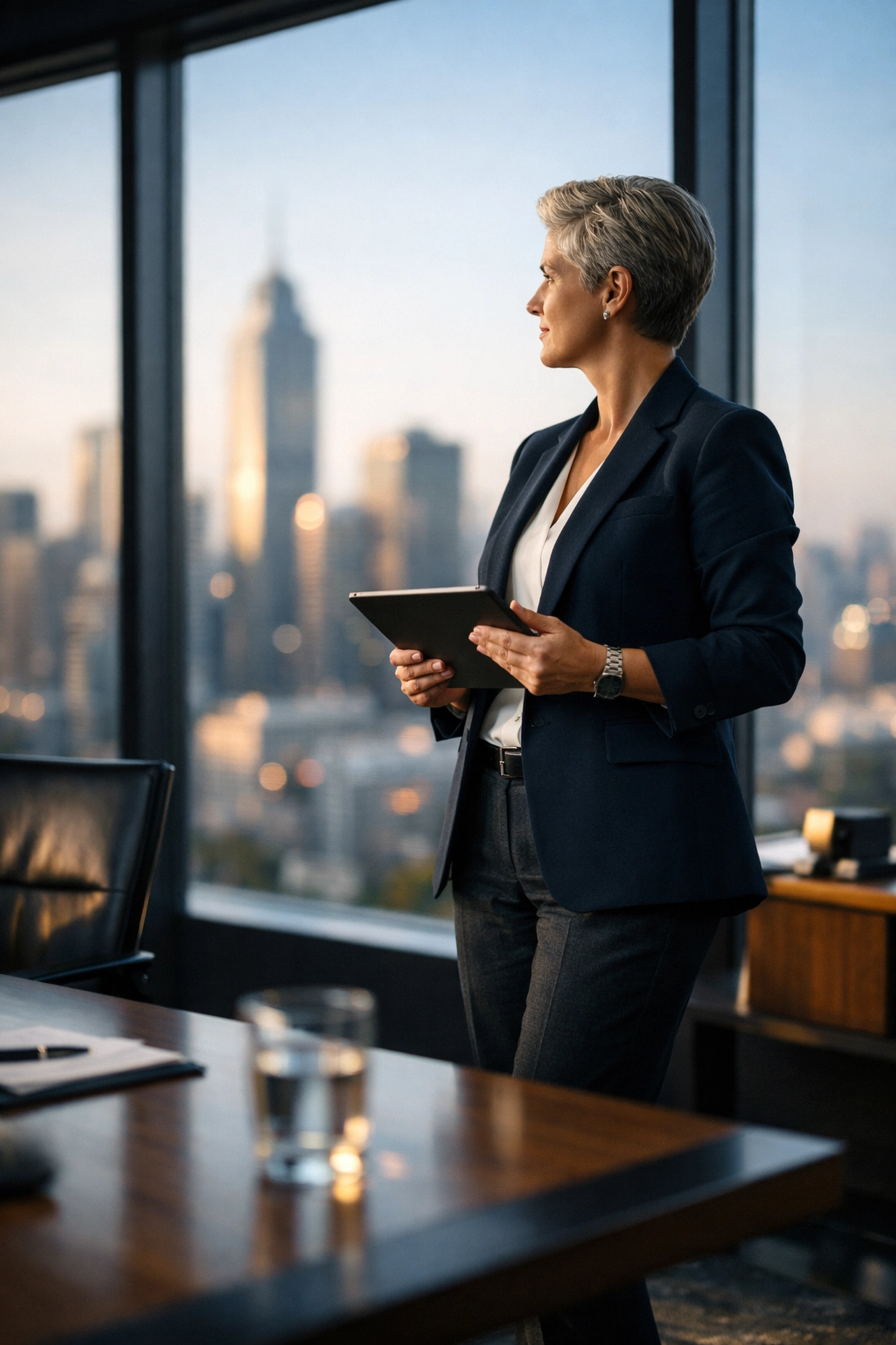 Business owner in a boardroom looking at a city skyline, symbolizing 100% company ownership and growth.